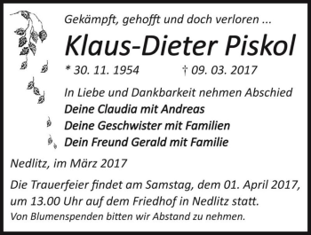 Traueranzeige von Klaus-Dieter Piskol  von Magdeburger Volksstimme