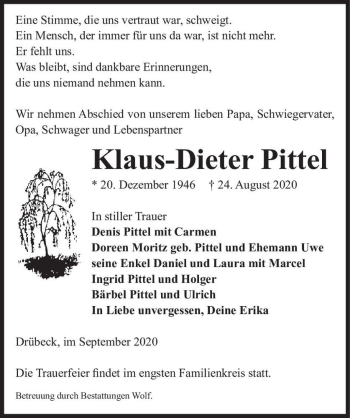 Traueranzeige von Klaus-Dieter Pittel  von Magdeburger Volksstimme
