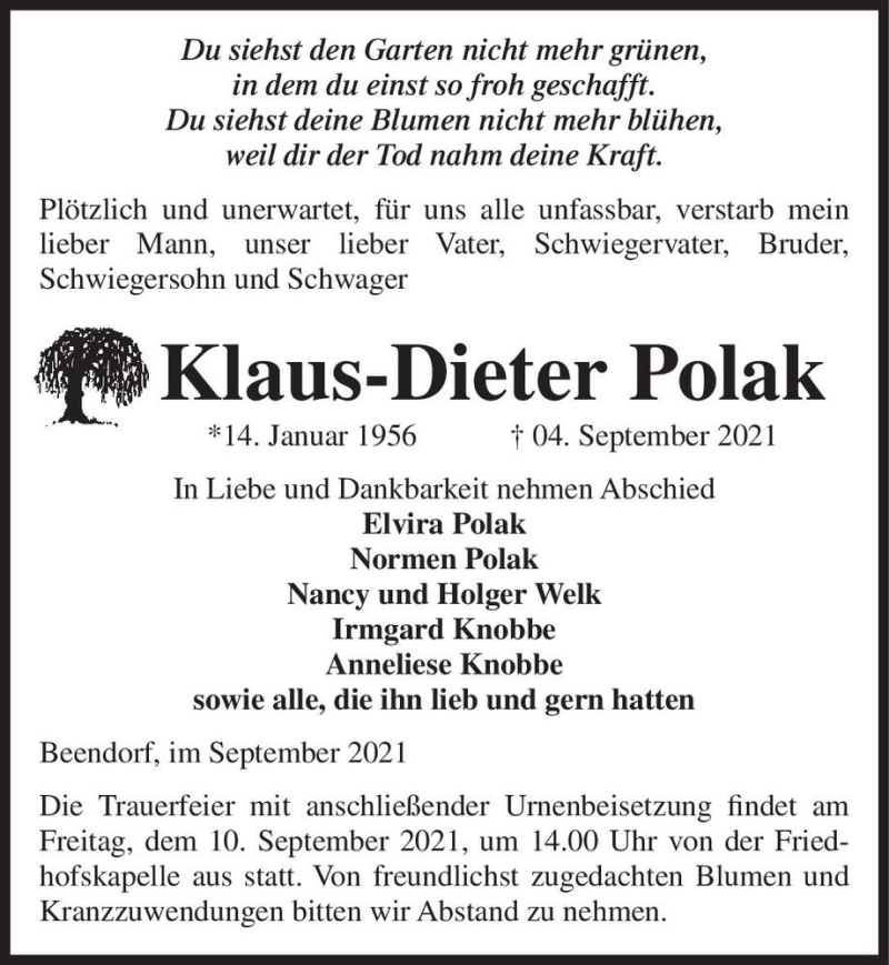  Traueranzeige für Klaus-Dieter Polak  vom 08.09.2021 aus Magdeburger Volksstimme