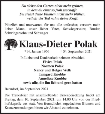 Traueranzeige von Klaus-Dieter Polak  von Magdeburger Volksstimme