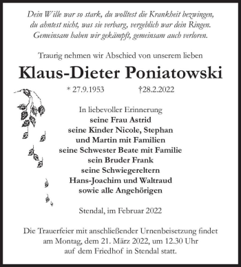 Traueranzeige von Klaus-Dieter Poniatowski  von Magdeburger Volksstimme