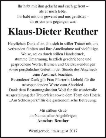 Traueranzeige von Klaus-Dieter Reuther  von Magdeburger Volksstimme