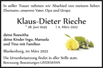 Traueranzeige von Klaus-Dieter Rieche  von Magdeburger Volksstimme