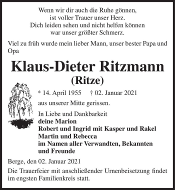Traueranzeige von Klaus-Dieter Ritzmann 