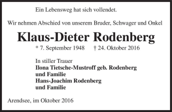 Traueranzeige von Klaus-Dieter Rodenberg  von Magdeburger Volksstimme