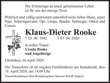 Traueranzeige von Klaus-Dieter Rooke  von Magdeburger Volksstimme