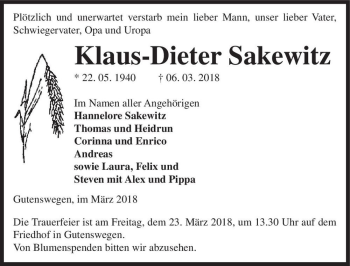 Traueranzeige von Klaus-Dieter Sakewitz  von Magdeburger Volksstimme