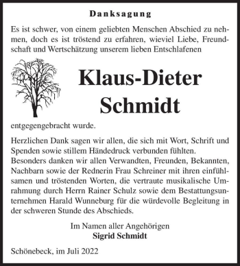 Traueranzeige von Klaus-Dieter Schmidt  von Magdeburger Volksstimme
