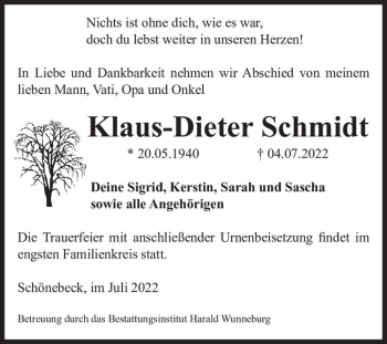 Traueranzeige von Klaus-Dieter Schmidt  von Magdeburger Volksstimme