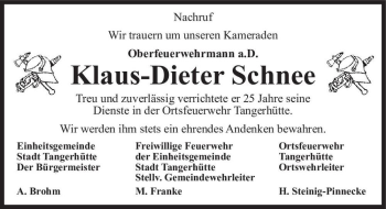 Traueranzeige von Klaus-Dieter Schnee  von Magdeburger Volksstimme