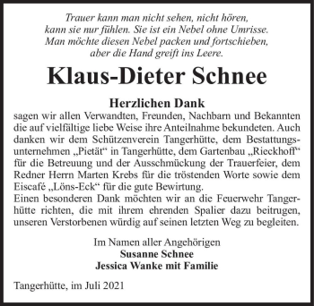 Traueranzeige von Klaus-Dieter Schnee  von Magdeburger Volksstimme