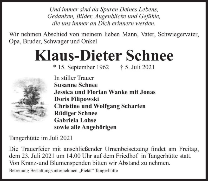  Traueranzeige für Klaus-Dieter Schnee  vom 10.07.2021 aus Magdeburger Volksstimme