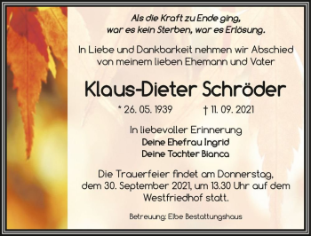 Traueranzeige von Klaus-Dieter Schröder  von Magdeburger Volksstimme