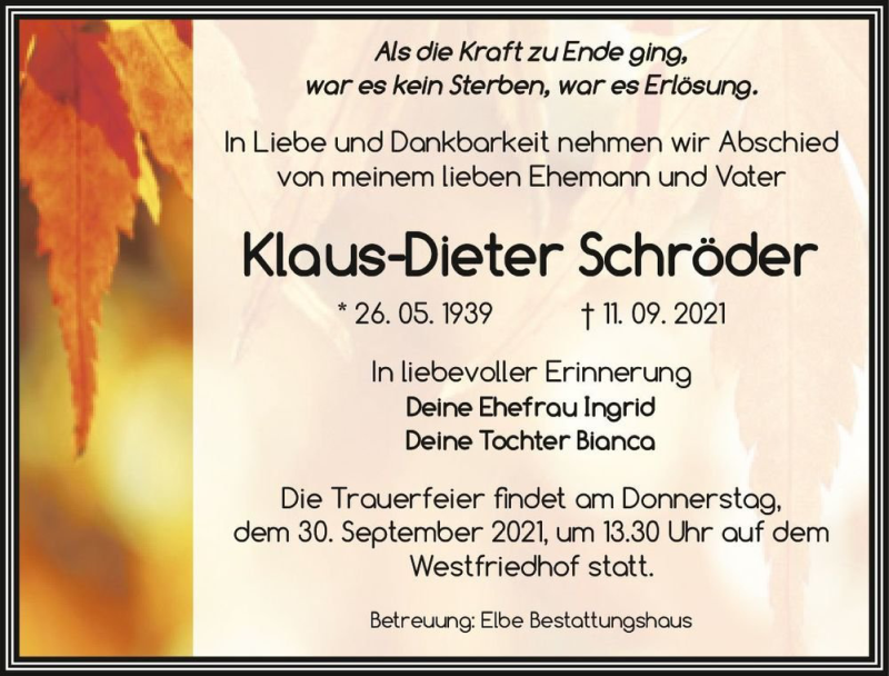  Traueranzeige für Klaus-Dieter Schröder  vom 25.09.2021 aus Magdeburger Volksstimme