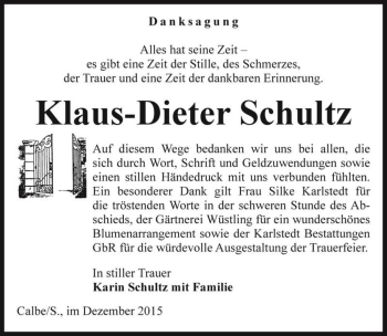 Traueranzeige von Klaus-Dieter Schultz  von Magdeburger Volksstimme