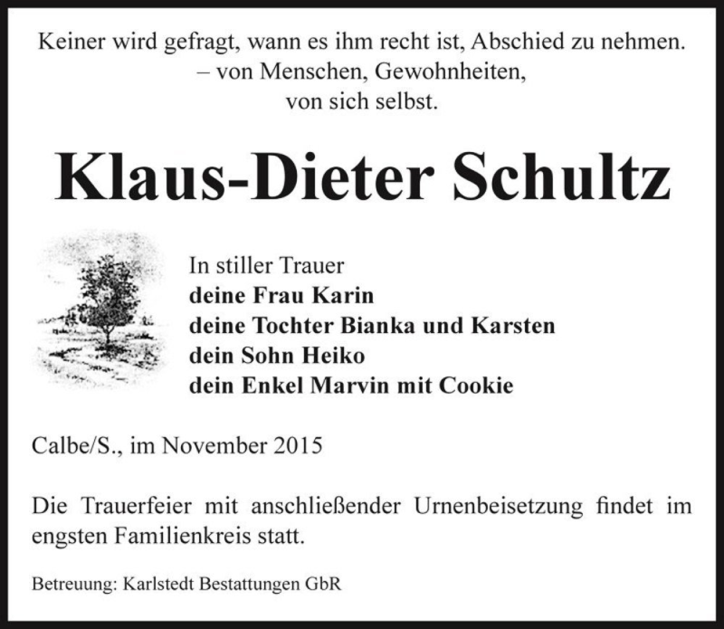  Traueranzeige für Klaus-Dieter Schultz  vom 28.11.2015 aus Magdeburger Volksstimme