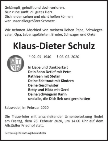 Traueranzeige von Klaus-Dieter Schulz  von Magdeburger Volksstimme