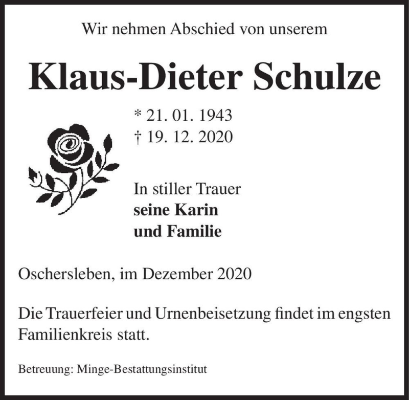  Traueranzeige für Klaus-Dieter Schulze  vom 23.12.2020 aus Magdeburger Volksstimme