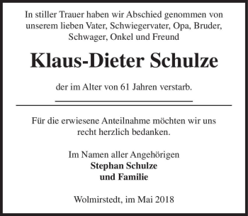 Traueranzeige von Klaus-Dieter Schulze  von Magdeburger Volksstimme