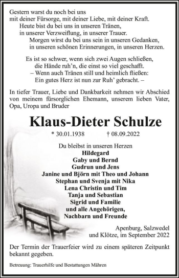 Traueranzeige von Klaus-Dieter Schulze  von Magdeburger Volksstimme