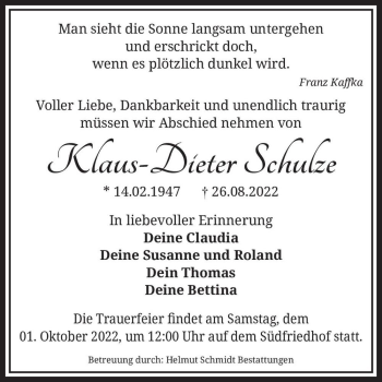 Traueranzeige von Klaus-Dieter Schulze  von Magdeburger Volksstimme