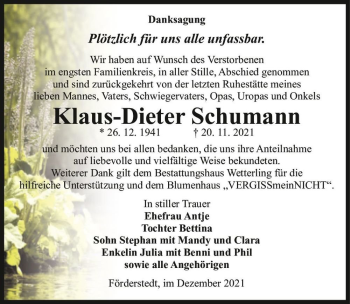Traueranzeige von Klaus-Dieter Schumann  von Magdeburger Volksstimme
