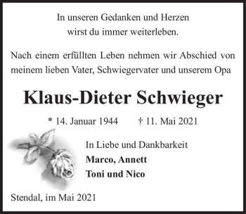 Traueranzeige von Klaus-Dieter Schwieger  von Magdeburger Volksstimme