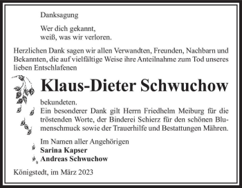 Traueranzeige von Klaus-Dieter Schwuchow  von Magdeburger Volksstimme