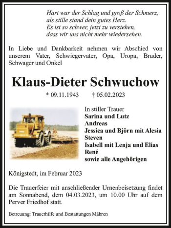 Traueranzeige von Klaus-Dieter Schwuchow  von Magdeburger Volksstimme