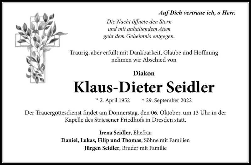  Traueranzeige für Klaus-Dieter Seidler  vom 08.10.2022 aus Magdeburger Volksstimme