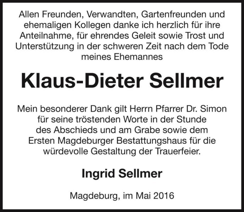  Traueranzeige für Klaus-Dieter Sellmer  vom 28.05.2016 aus Magdeburger Volksstimme