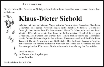 Traueranzeige von Klaus-Dieter Siebold  von Magdeburger Volksstimme