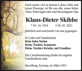 Traueranzeige von Klaus-Dieter Skibbe  von Magdeburger Volksstimme