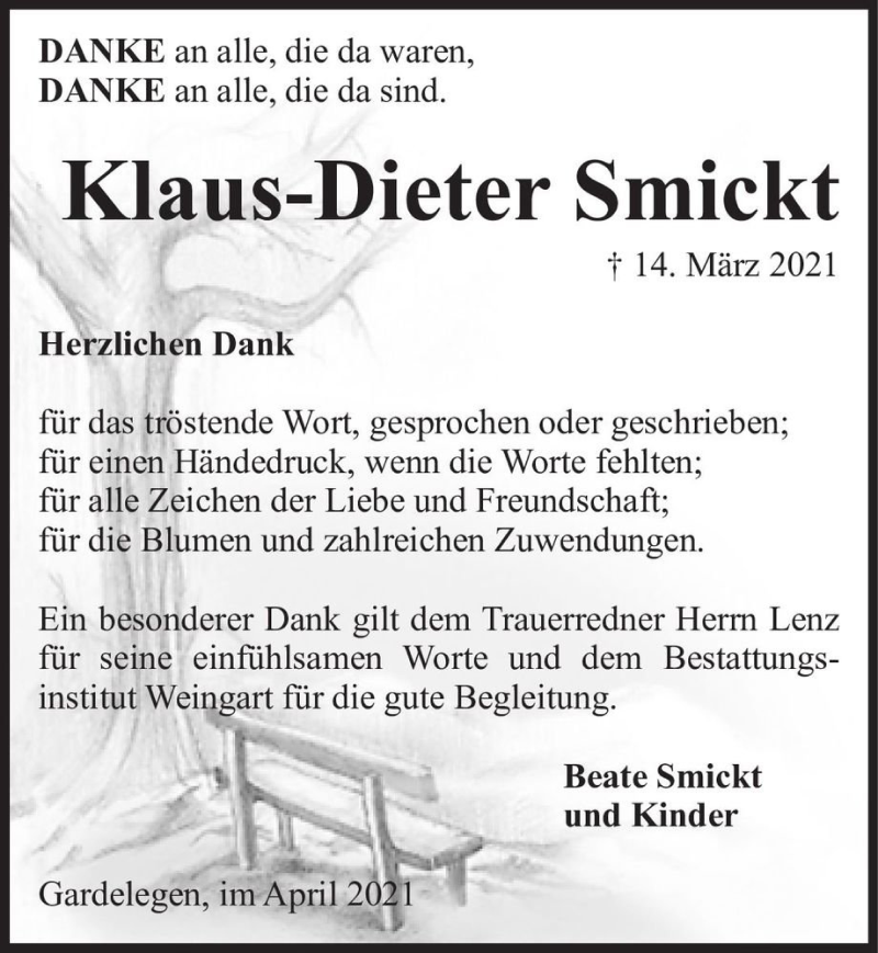  Traueranzeige für Klaus-Dieter Smickt  vom 14.04.2021 aus Magdeburger Volksstimme