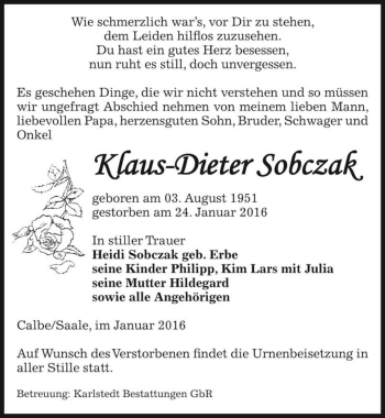 Traueranzeige von Klaus-Dieter Sobczak  von Magdeburger Volksstimme