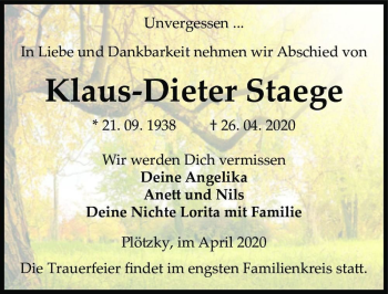 Traueranzeige von Klaus-Dieter Staege  von Magdeburger Volksstimme
