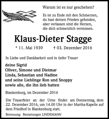 Traueranzeige von Klaus-Dieter Stagge  von Magdeburger Volksstimme