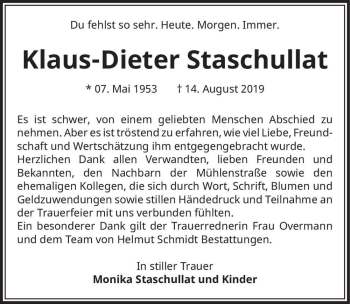 Traueranzeige von Klaus-Dieter Staschullat  von Magdeburger Volksstimme