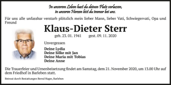 Traueranzeige von Klaus-Dieter Sterr  von Magdeburger Volksstimme