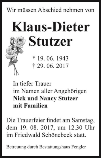 Traueranzeige von Klaus-Dieter Stutzer  von Magdeburger Volksstimme