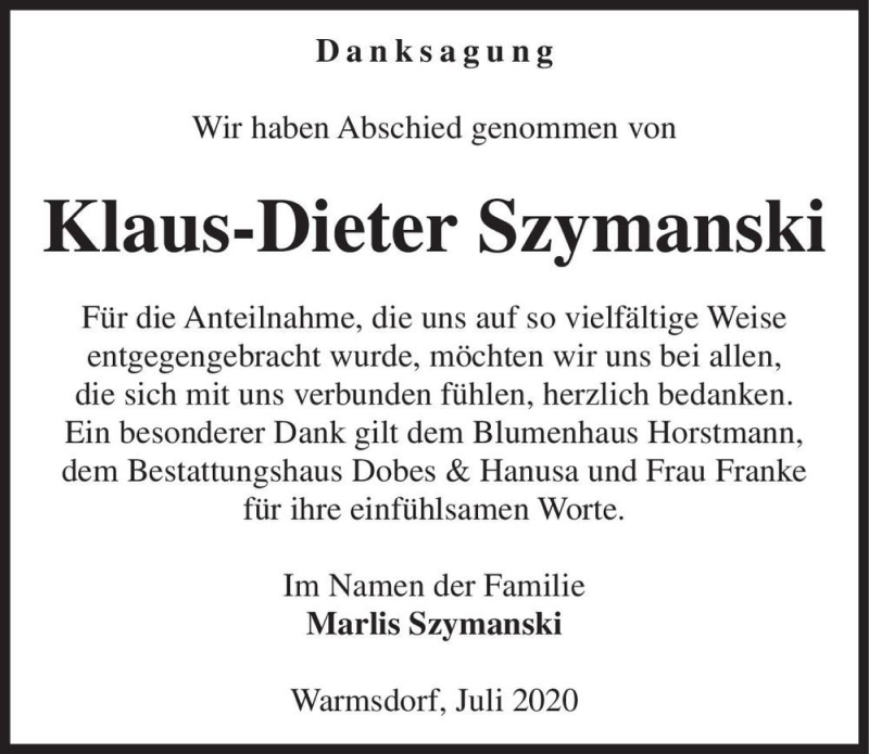  Traueranzeige für Klaus-Dieter Szymanski  vom 01.08.2020 aus Magdeburger Volksstimme