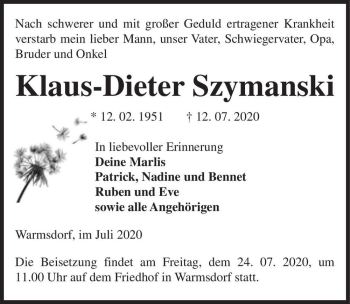 Traueranzeige von Klaus-Dieter Szymanski  von Magdeburger Volksstimme