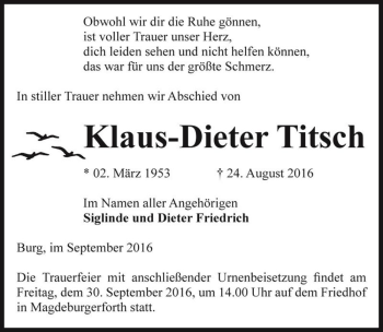 Traueranzeige von Klaus-Dieter Titsch  von Magdeburger Volksstimme