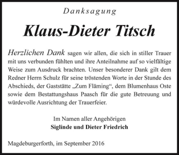 Traueranzeige von Klaus-Dieter Titsch  von Magdeburger Volksstimme