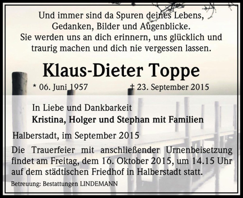  Traueranzeige für Klaus-Dieter Toppe  vom 10.10.2015 aus Magdeburger Volksstimme