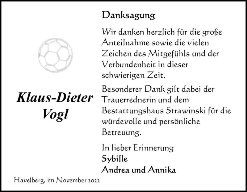  Traueranzeige für Klaus-Dieter Vogl  vom 11.11.2022 aus Magdeburger Volksstimme
