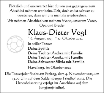 Traueranzeige von Klaus-Dieter Vogl  von Magdeburger Volksstimme