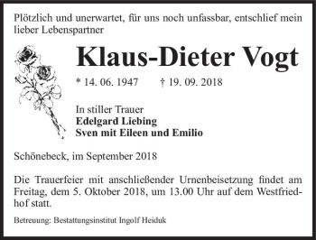 Traueranzeige von Klaus-Dieter Vogt  von Magdeburger Volksstimme