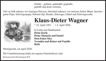 Traueranzeige von Klaus-Dieter Wagner  von Magdeburger Volksstimme
