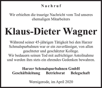 Traueranzeige von Klaus-Dieter Wagner  von Magdeburger Volksstimme
